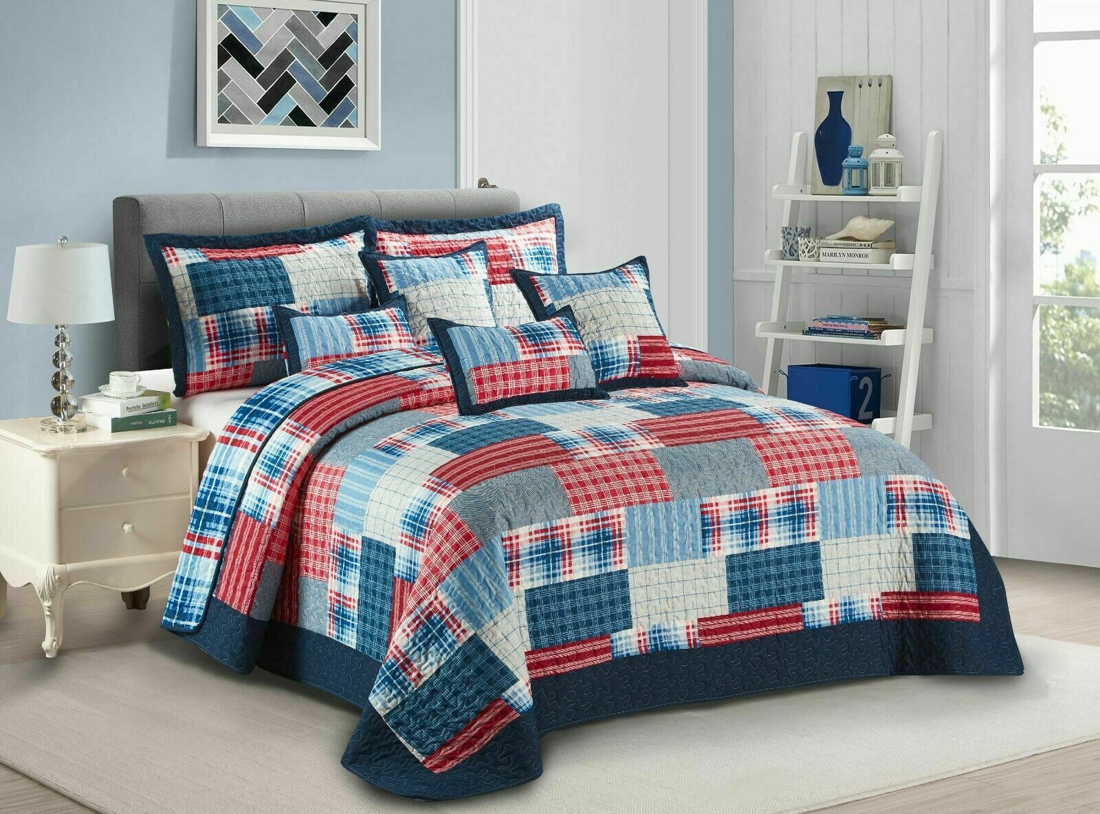 Luxury Quilted Patchwork Embroidered Bedspread Comforter with Pillow Case