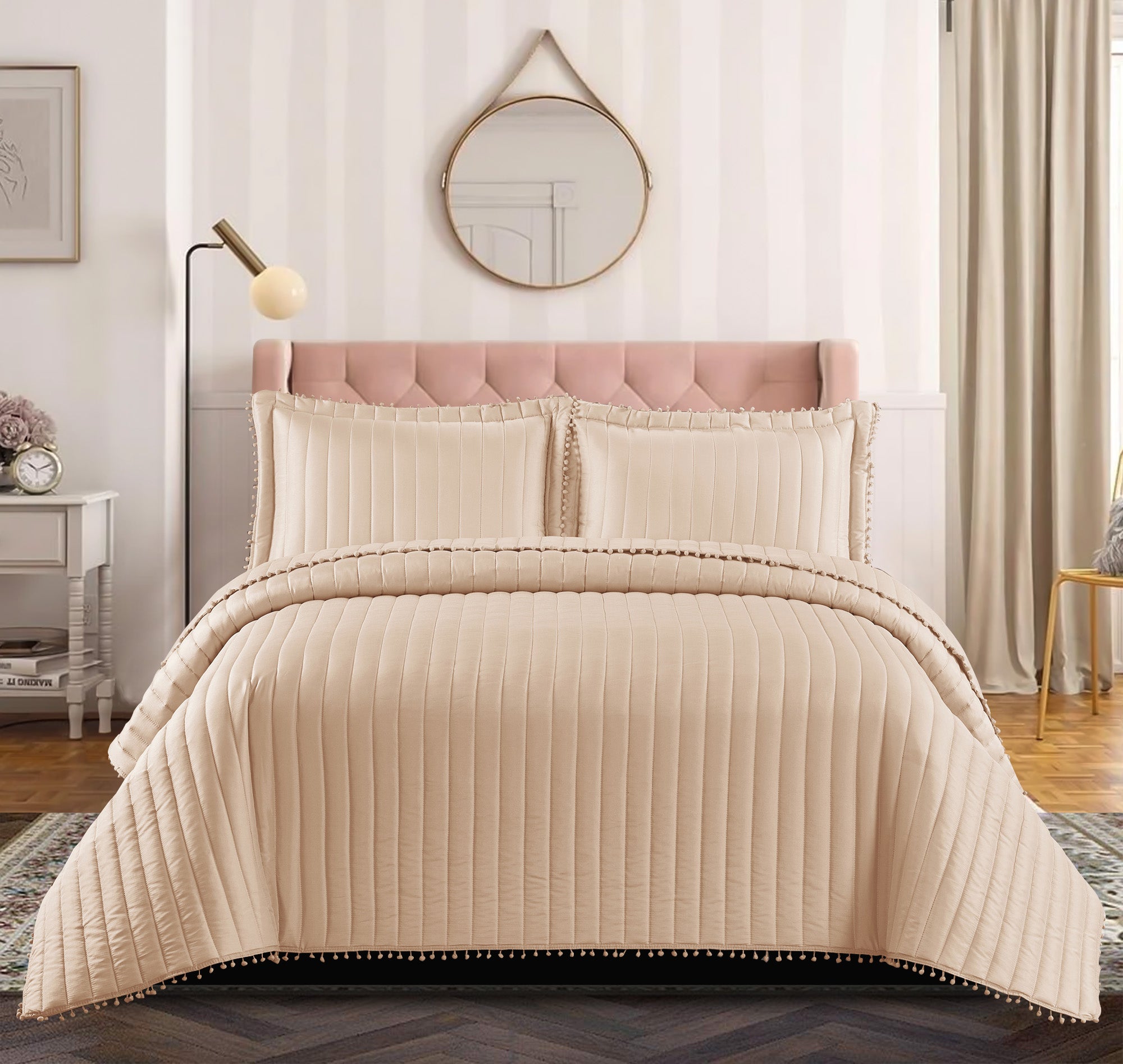 Embossed Quilted Pom Pom Bedspread Comforter with Pillow Case