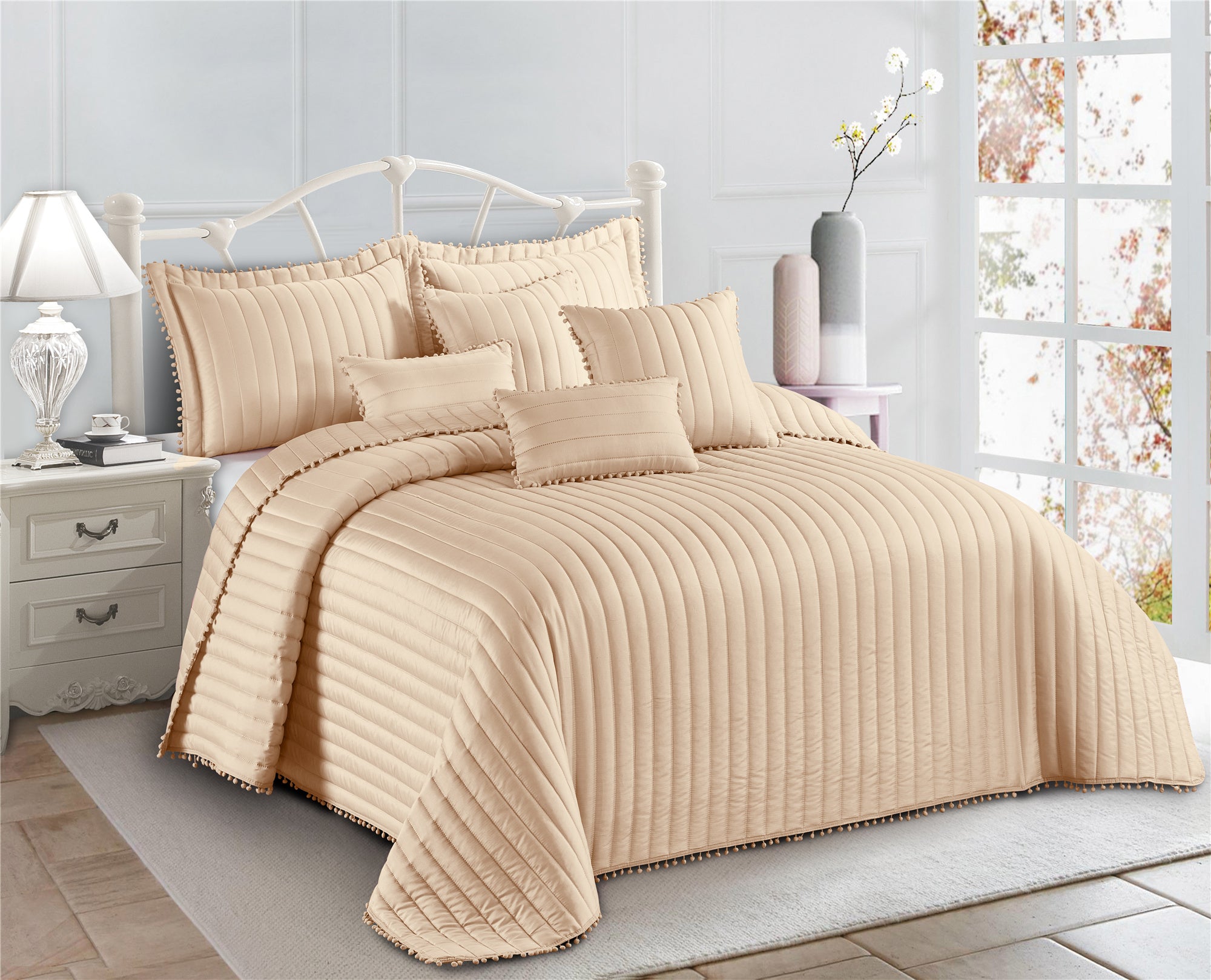 Embossed Quilted Pom Pom Bedspread Comforter with Pillow Case