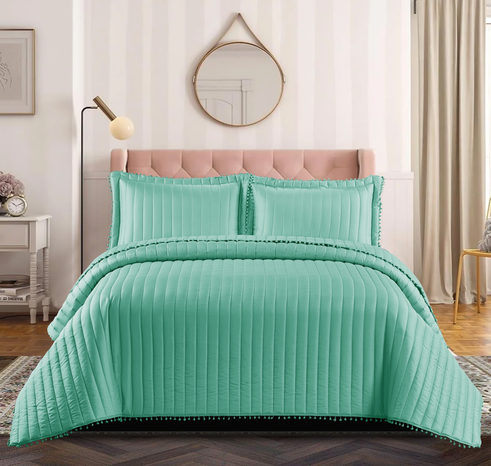 Embossed Quilted Pom Pom Bedspread Comforter with Pillow Case