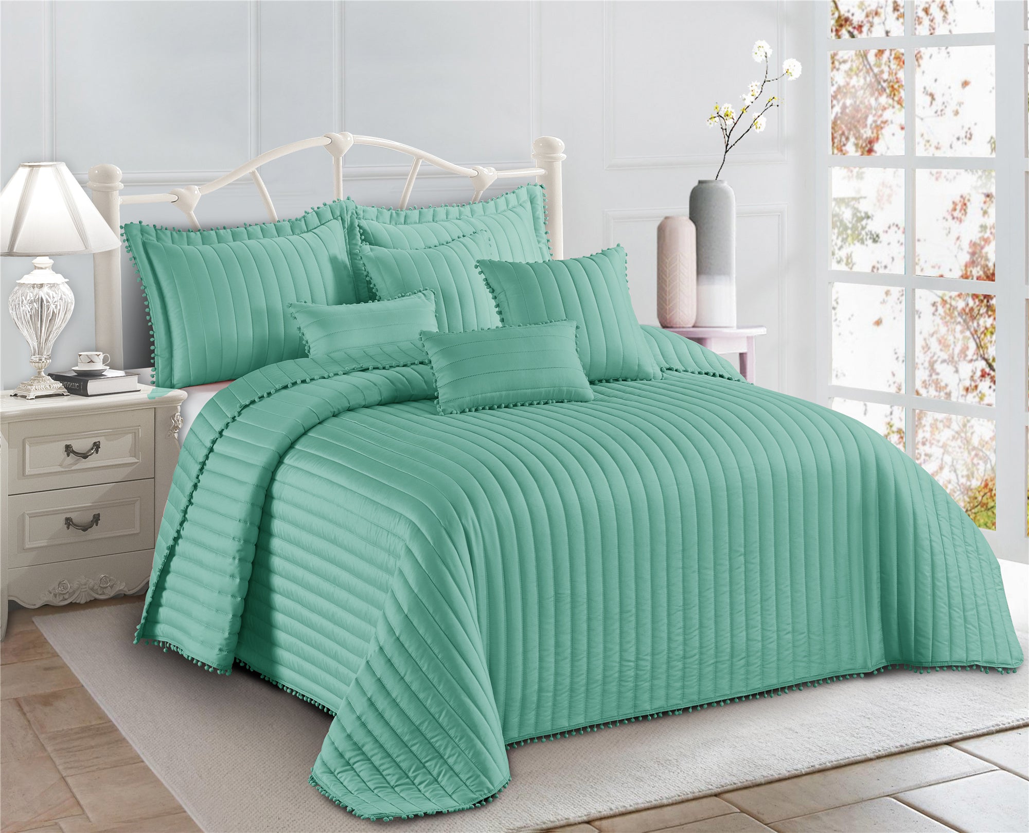 Embossed Quilted Pom Pom Bedspread Comforter with Pillow Case