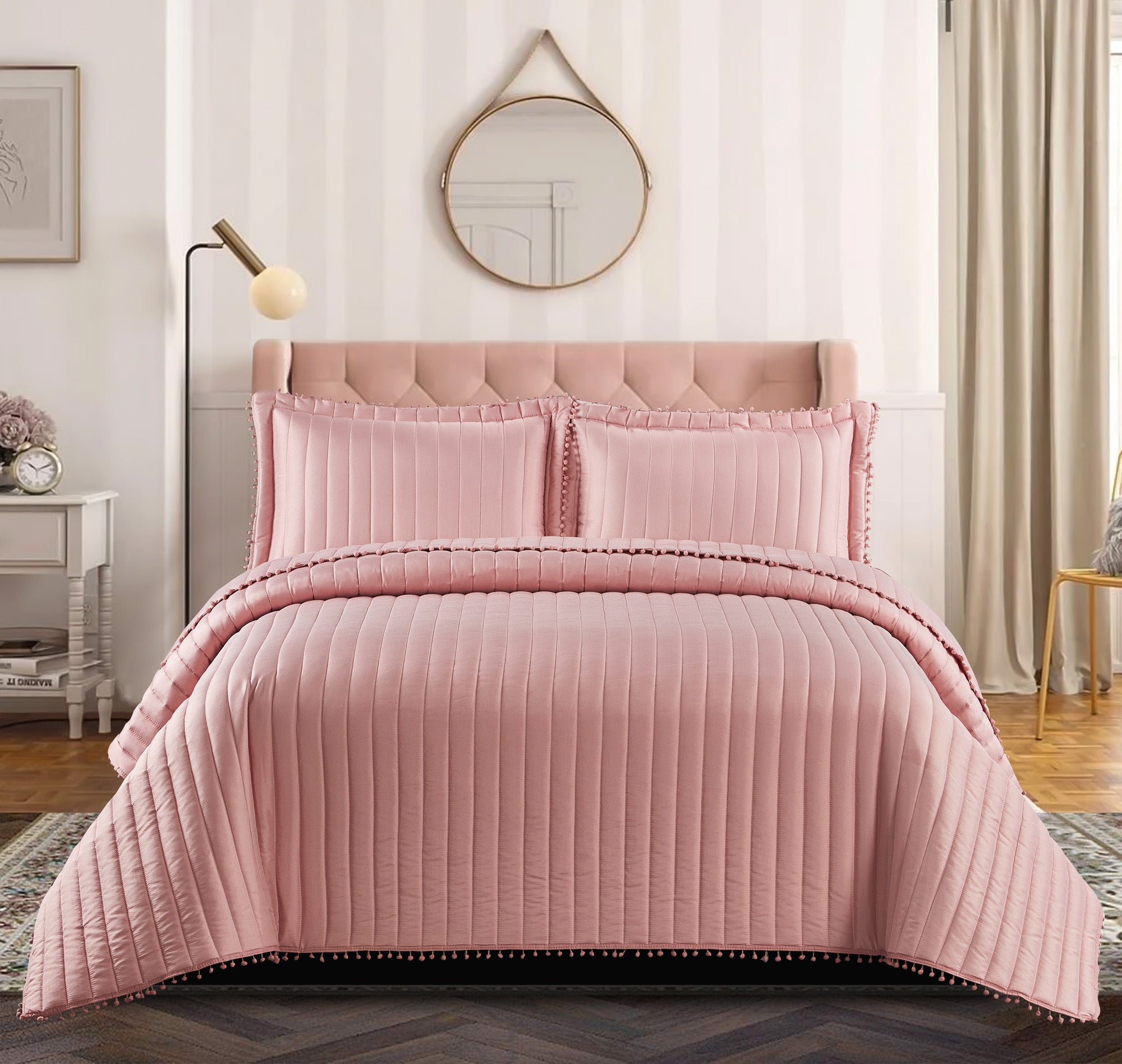 Embossed Quilted Pom Pom Bedspread Comforter with Pillow Case