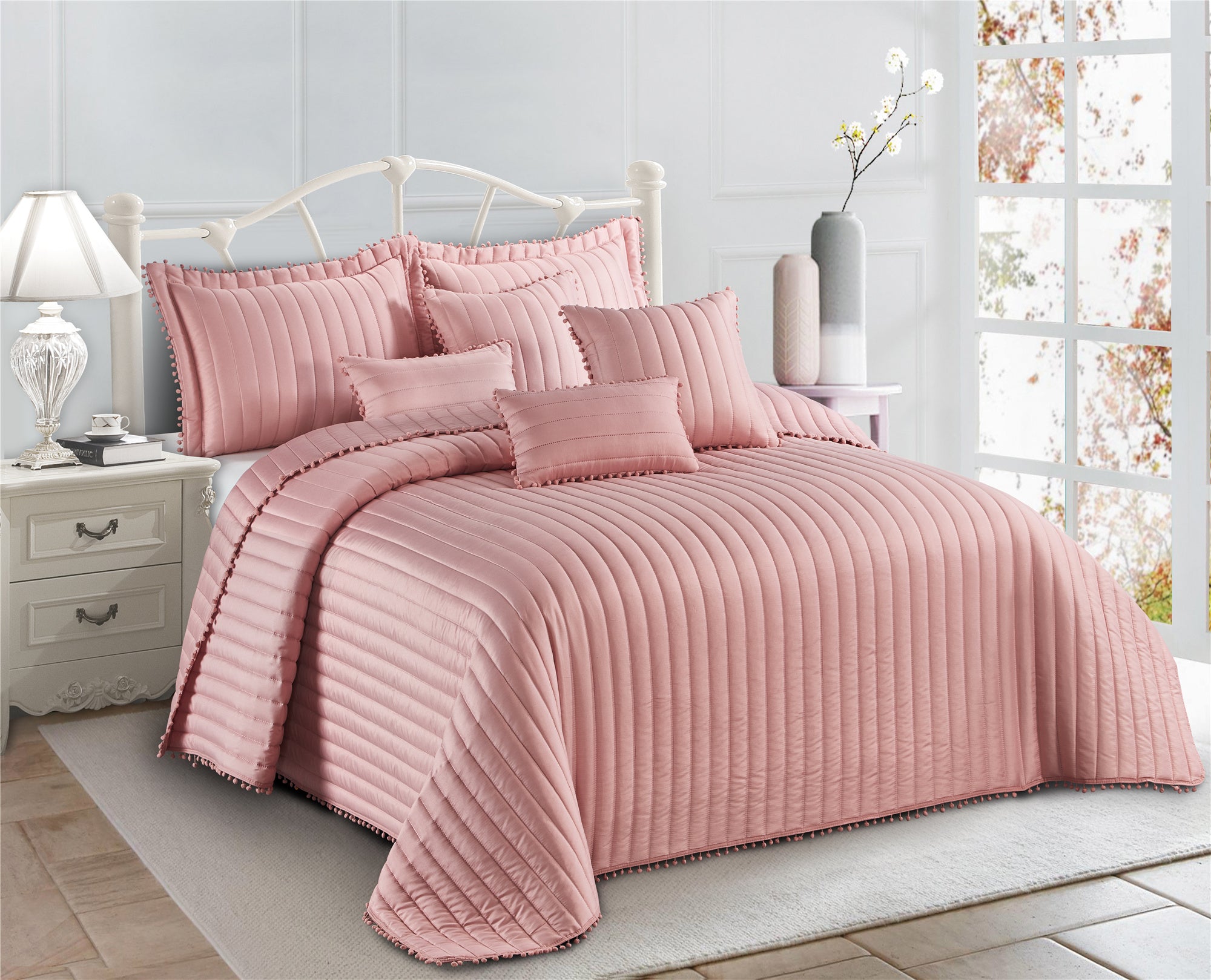 Embossed Quilted Pom Pom Bedspread Comforter with Pillow Case
