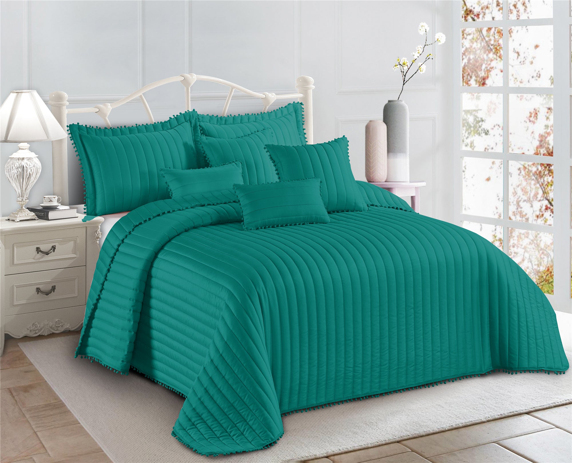 Embossed Quilted Pom Pom Bedspread Comforter with Pillow Case